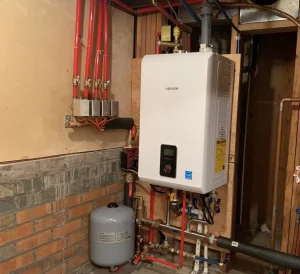 An image depicting a new installation of a combination boiler that combines a water heater and a central boiler into a single unit.