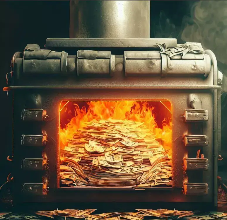 an image showing money burning inside an old fashioned furnace