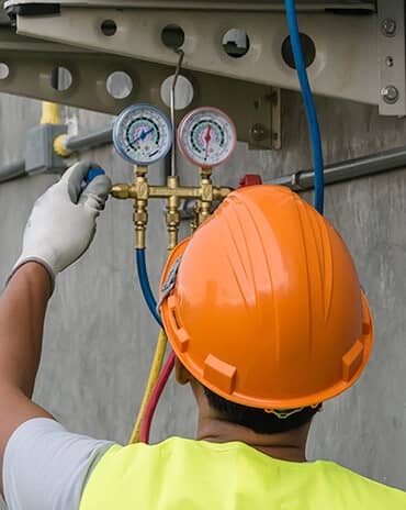 A man looking at cold and hot water pressure measurements on the valves