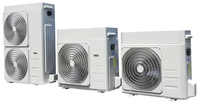 Three different types of heat pumps side by side, two single fan and one dual fan