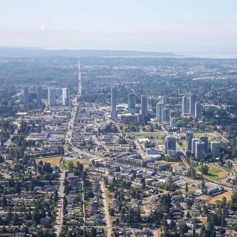 A view of Surrey from a high altitude showing multiple residential areas