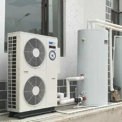 Heat pump connected to a water heater outside